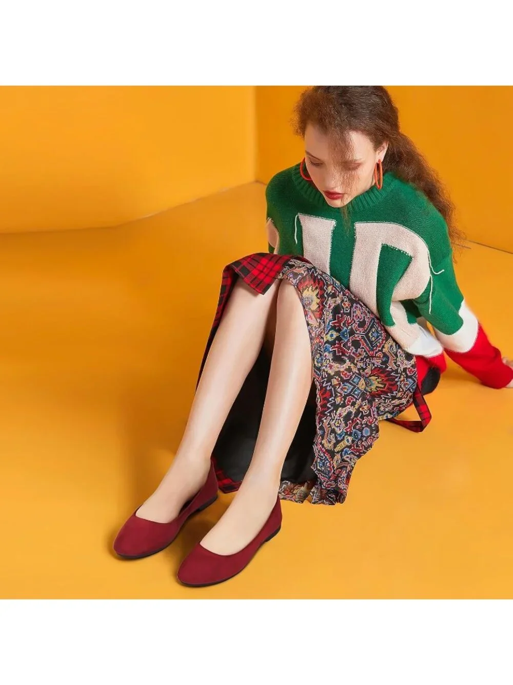 Women's Wine Round Toe Ballet Flats Comfortable Ballerina Dress Shoes
